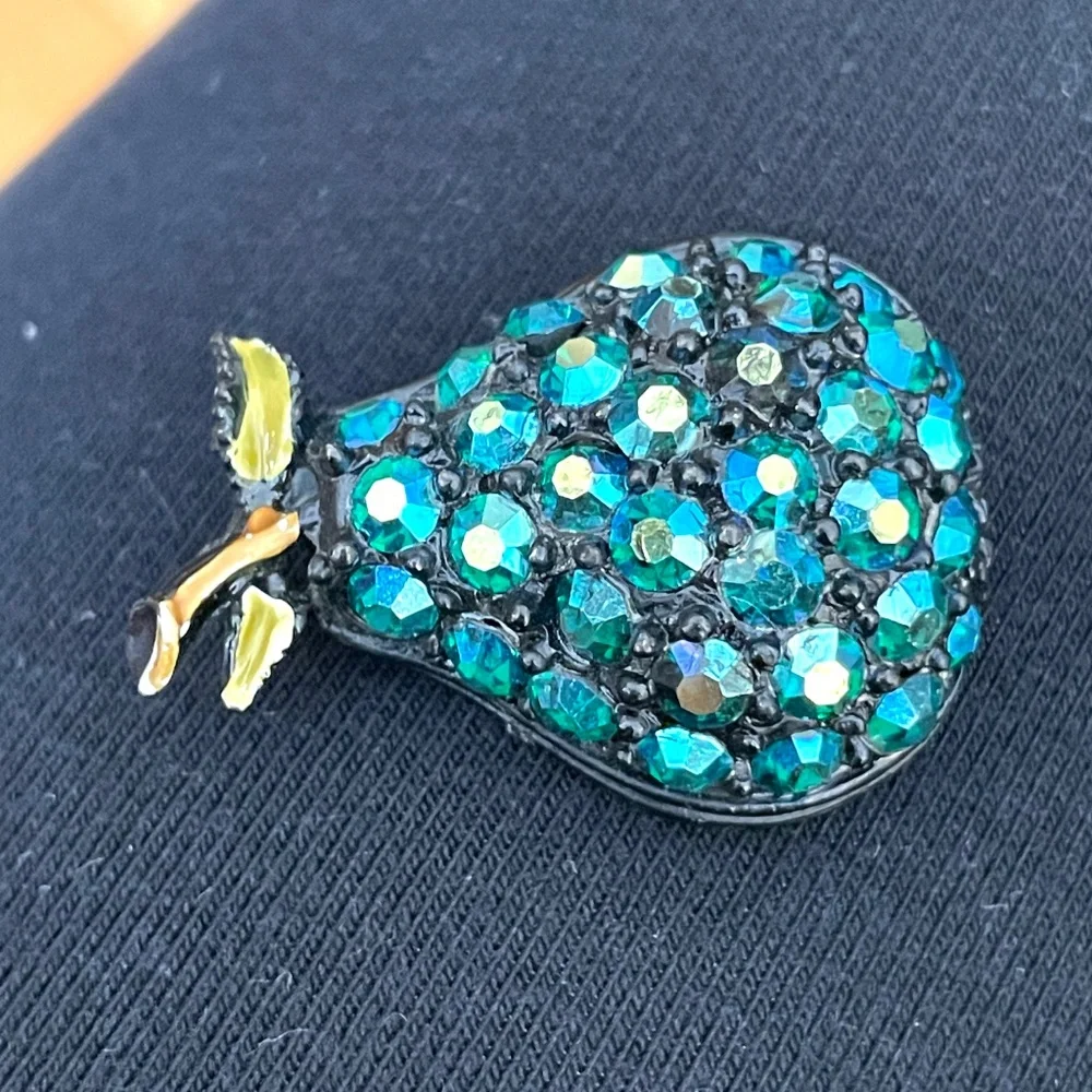 Vintage Japanned Blue AB Rhinestone Pear Pin Brooch